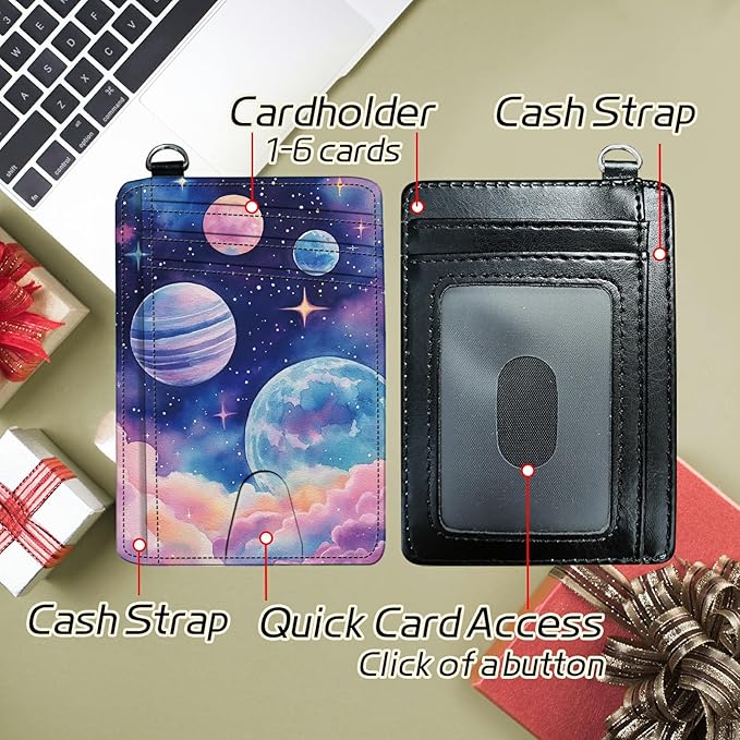 Small Travel Wallets, Pink Starry Planets Slim Minimalist Front Pocket Wallet with Wristlet, RFID Blocking PU Leather Credit Card Holder with ID Window Change Purse for Men Women