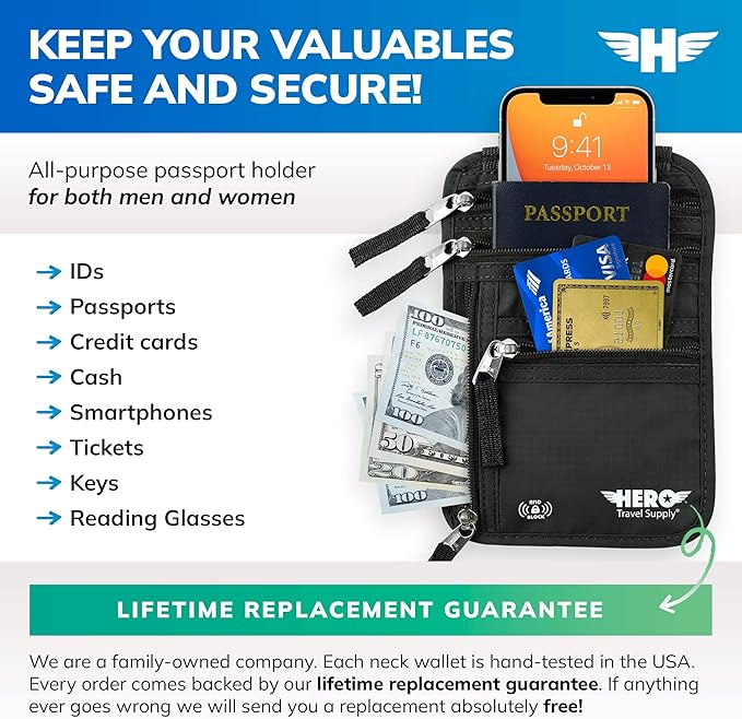 HERO Neck Wallet - RFID Blocking Passport Holder, Easy to Conceal and Pouch (Black)