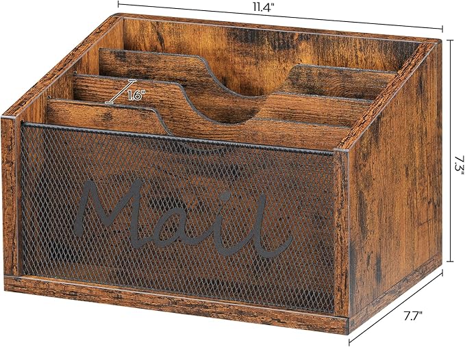YATINEY Mail Organizer Countertop, Mail Holder with 4 Slots, Mail Sorter for Desk, Wooden Office Desk Organizer, Mail Organizer for Magazines, Files, Papers, Folders, Rustic Brown and Black MR04BR
