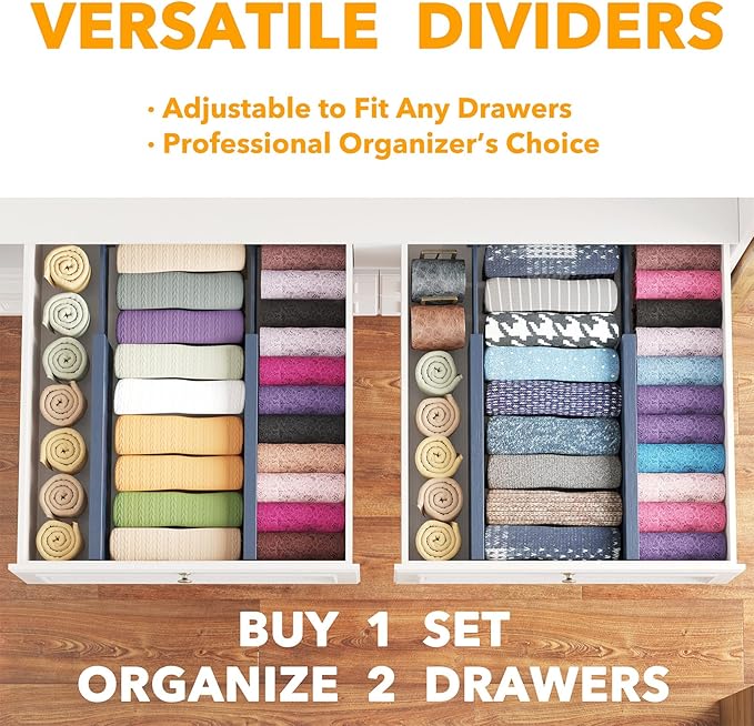 SpaceAid Bamboo 4 Pack Dresser Drawer Dividers, 4.65??High Adjustable 12.5??17??Drawer Organizers, Expandable Organization for Clothing, Clothes, Dressers, Navy Blue