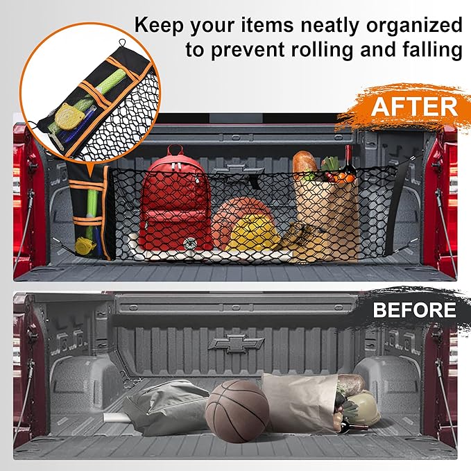 Envelope Style Truck Bed Cargo Net Compatible with GMC Sierra 1500 & Chevy Silverado 1500 2013-2024,Highly Elastic Truck Cargo Net for Silverado Accessories, Upgraded Storage Bag & 4.5mm Bungee