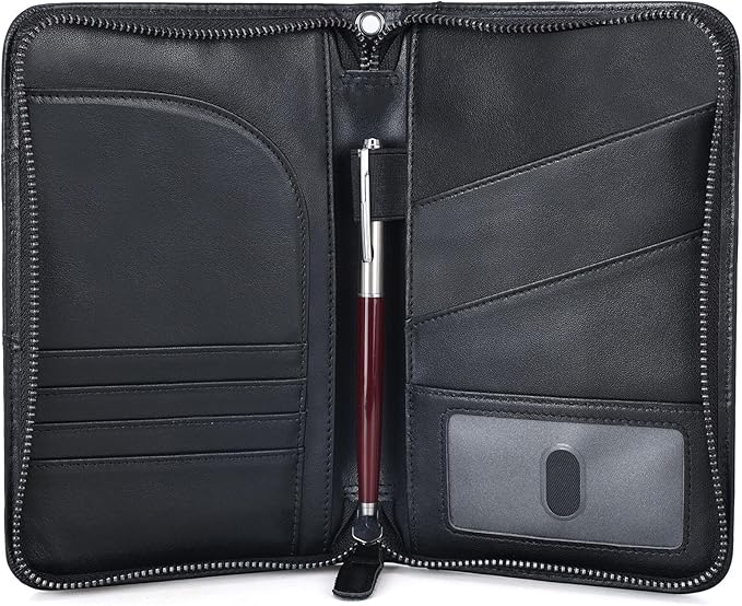 Polare Napa Leather Passport Holder With YKK Zipper RFID Blocking Travel Document Organizer Ticket Holder Cover Case Holds 2 Passports (Black)