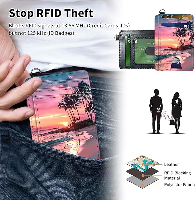 Slim Minimalist Front Pocket Wallet,Credit Card Holder Wallet for Women Men,RFID Blocking Credit Card Holder Case Leather Cute Small Thin Wallet ID Window&Wrist Strap,Pink Sunset Beach