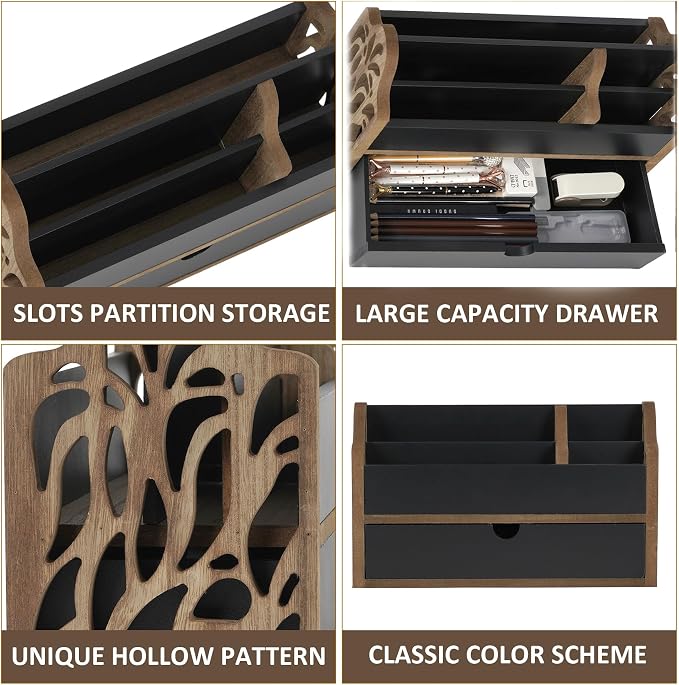 Desk Organizer with Drawer Wood File Office Mail Organizer Countertop-5 Slot Tabletop Storage Pen Organizer Letter Holder for School Home Office Supplies