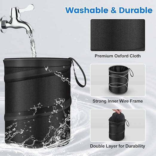 2 Pack Mini Trash Can for Car, Leakproof Pop-Up Car Trash Can with Hanging Loop, Washable Small Garbage Can Hanging Automotive Garbage Cans Trash Bin for Truck Auto SUV Vehicle RV Camping, 1 Gallon