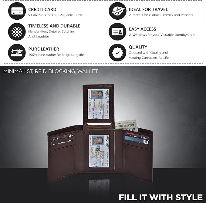 Real Leather Mens Trifold Wallet RFID Blocking Slim Minimalist Front Pocket - Thin & Stylish with ID Window in Gift Box