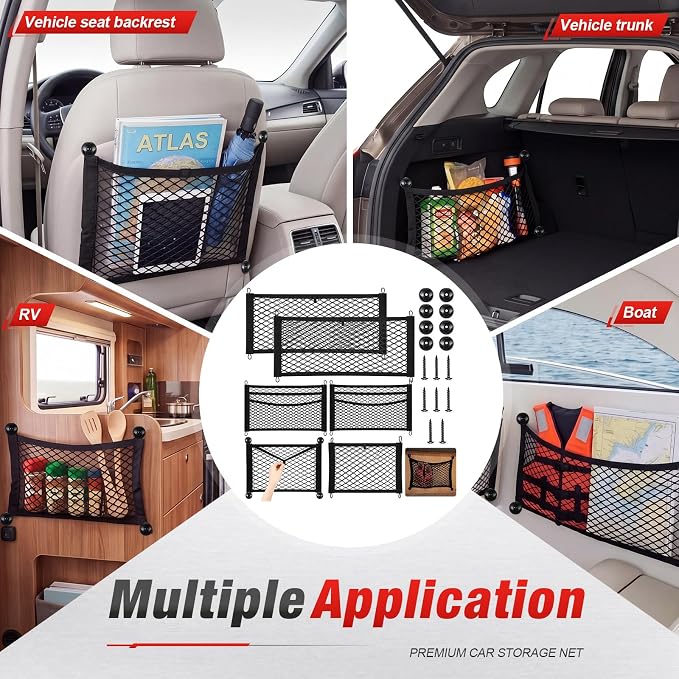 6 Pcs Car Storage Net Bag Pockets Stretchable Mesh Net Multi-Size Elastic Cargo Nets (2 Large, 2 Medium 3-Layer, 2 Small 2-Layer) Mesh Organizer Nets for Auto Seat Back Trunk SUV Rv Home