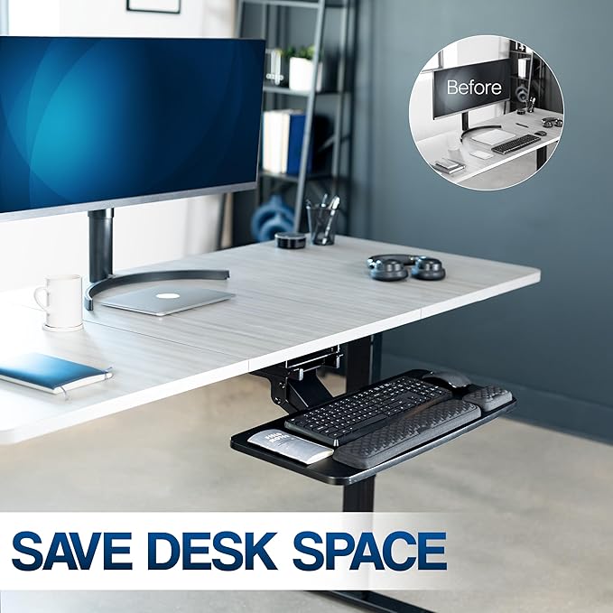VIVO Premium Adjustable 27 x 11 inch Computer Keyboard and Mouse Platform Tray, Ergonomic Under Table Desk Mount Drawer with Padding, Black, MOUNT-KB27P-B