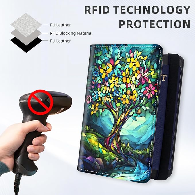 [Large Tree of Life Ultra-Slim Passport Holder Wallet with Pen Loop, RFID Blocking Faux Leather Travel Passport Cover, Compact Boarding Pass & Card Case Organizer for Women & Men