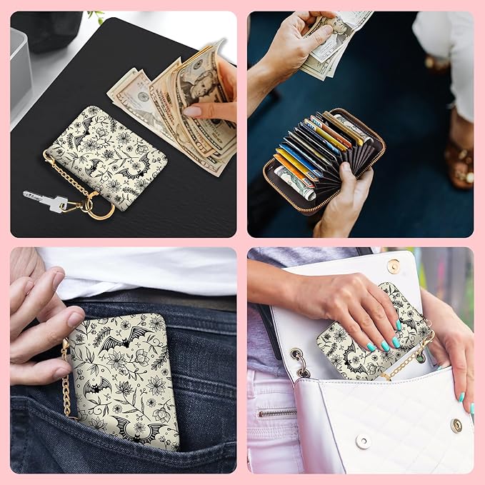 Blusabaca Goth Bat Credit Card Holder for Women, Gothic Floral Small RFID Wallet with Zipper, Card Keychain Wallet, Leather Wallet Card Case, Business Accordion Wallet Gift