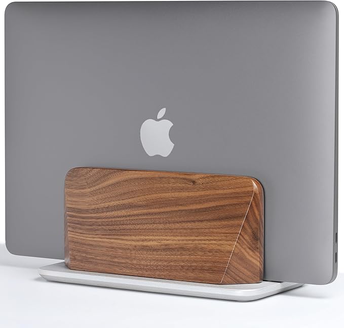 Vertical Laptop Stand, Solid Black Walnut Body & Silver-Finished Ash Wood Base, Wood Laptop Holder Vertical for Desk - Adjustable Dock (0.47"-1.57" Width) Fits Most Laptops, MacBooks