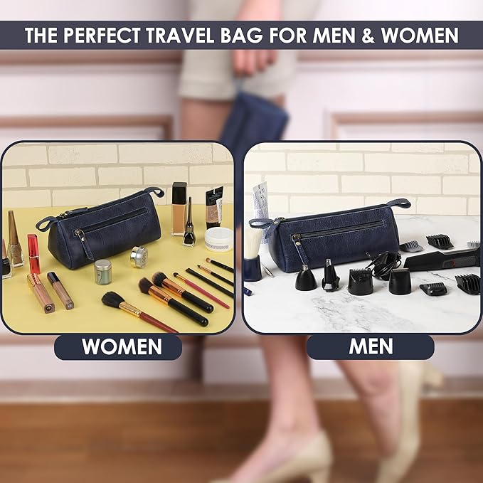 Leather Makeup Bag for Women – Genuine Leather Cosmetic Bag Travel, Handmade Zippered Makeup Pouch, Small Toiletry Bag, Shaving Kit & Stationery Organizer- Blue