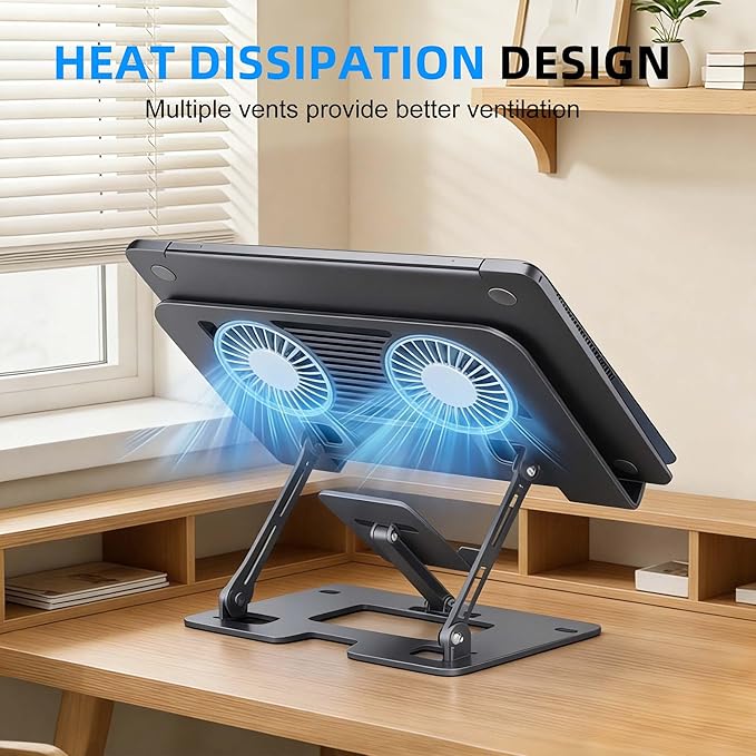 Ergonomic Foldable 2-in-1 Laptop Stand with Fans,Laptop Riser for Desk with Phone Holder,Computer Stand for Laptop,Sturdy and Portable Stand,Compatible with All Laptops and Phones Black