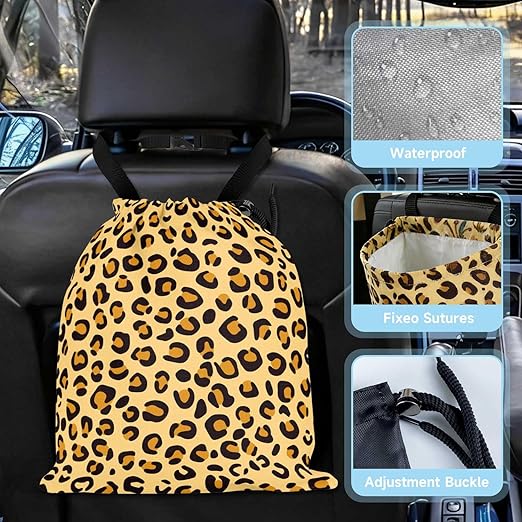 Yellow Leopard Pattern Car Trash Bag - Waterproof Car Trash Bag Hanging Leakproof Car Garbage Bag - Washable Reusable Trash Bag For Car Interior Hanging Organizer Storage Vehicle Travelling Camping