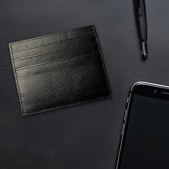 6 Card Minimalist Wallet for Men & Women - Genuine Leather Ultra Thin Black Credit Card Holder - Compatible with Amex Cards