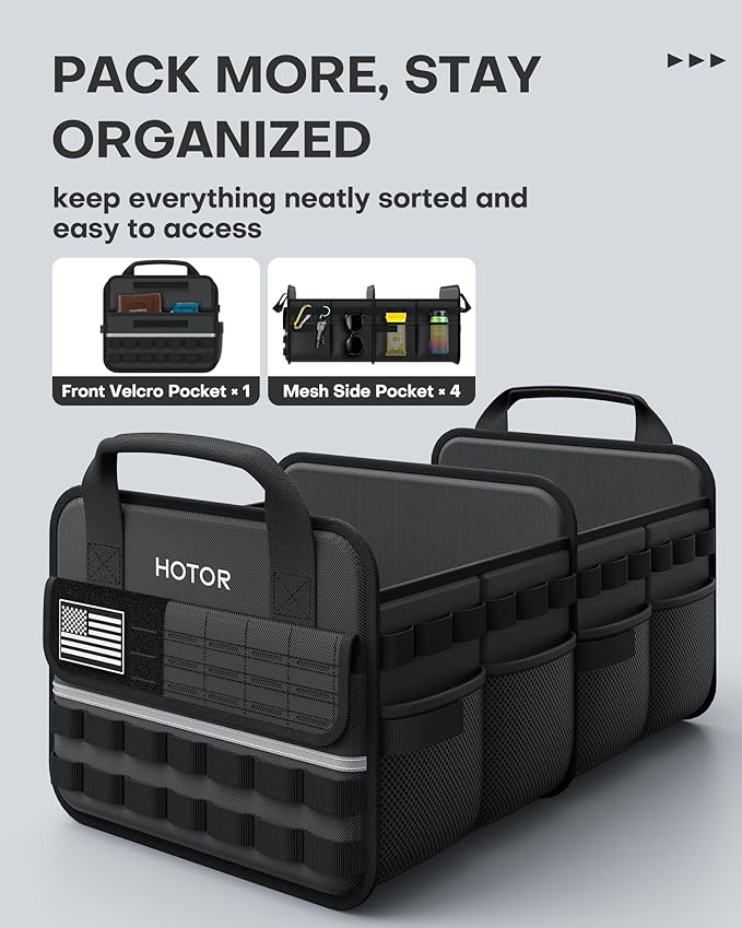 HOTOR Tactical Car Trunk Organizer - Foldable Trunk Organizer for SUV with Front MOLLE Pocket & Reflective Strips, Essential Car Accessories for Tools & Outdoor Storage, 15.0" x 23.6" x 11.0", Black