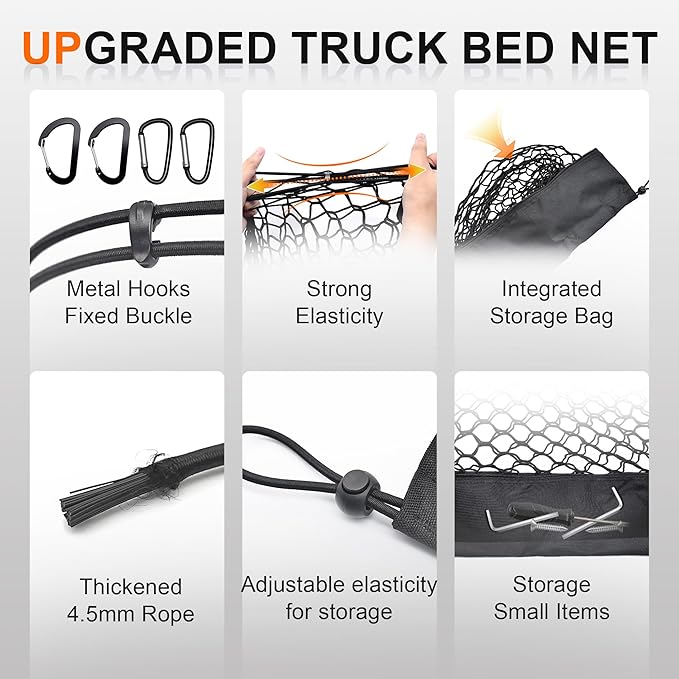Envelope Style Truck Bed Cargo Net Compatible with Toyota Tundra 2007-2024 2025,Highly Elastic Truck Cargo Net for Tundra Accessories, Upgraded Storage Bag & Heavy Duty Carabiners