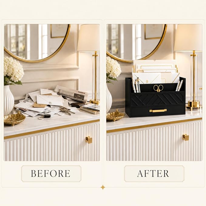 BLU MONACO | Wooden Mail Organizer with Drawer and Gold Handle | Mail Sorter Organizer Countertop for Desk | Outgoing Mail Holder and Letter Sorter for Desk Storage