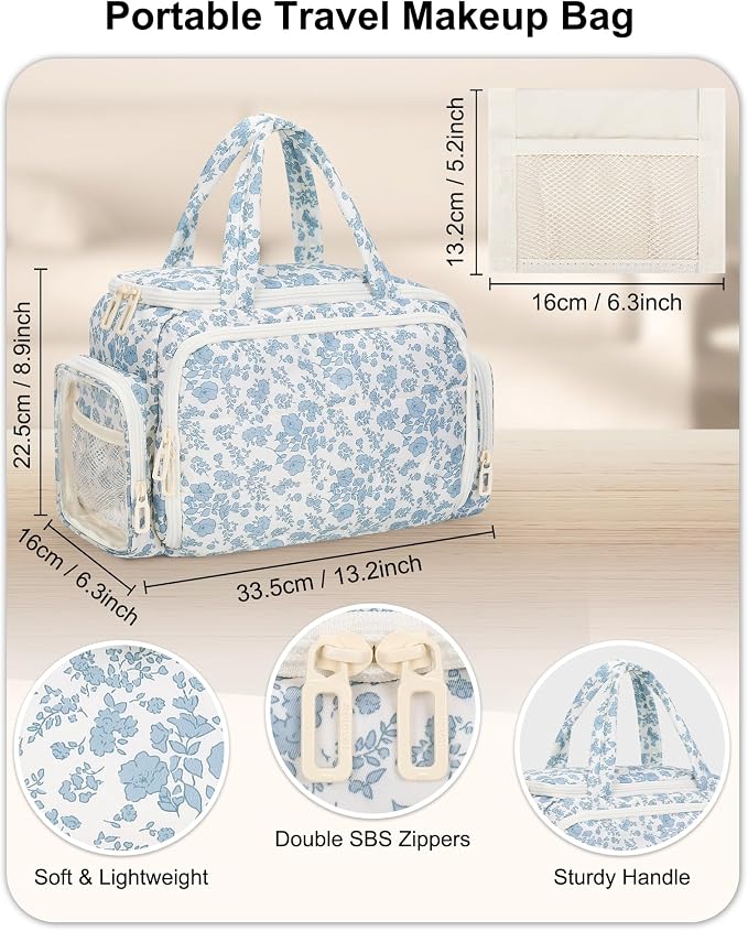 Travel Makeup Bag, Lightweight Wide-open Toiletries Bag for Women, Large Cosmetic Organizer Bag with Makeup Brushes Compartment for Travel-Sized Essentials for Trip, Camping - Blue Flower