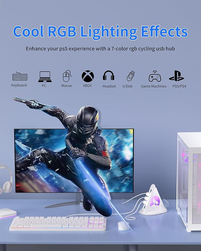 USB Hub 3.0, 7-Port USB Hub with RGB Night Light and Base, Vertical USB a Splitter for Desktop,Laptop, MacBook, Game Console, Flash Drive, XPS, PC, Printer, Camera, Keyboard（White+Base）