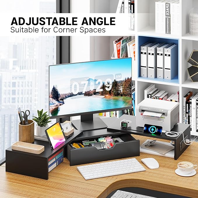 Elephance Dual Monitor Stand with USB Ports,Wood Computer Monitor Stand Riser with Drawer,Adjustable Desk Shelf,Desk Organizer for Computer,Laptop,No Assembly Required,Black