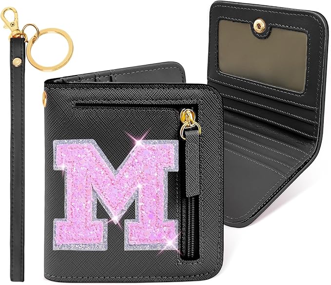 COSHAYSOO Initial Letter Wallet Small RFID Blocking Birthday Easter Gifts for Teenager Teenage Girls Women Preppy Teen Trendy Stuff Travel Accessories Black M