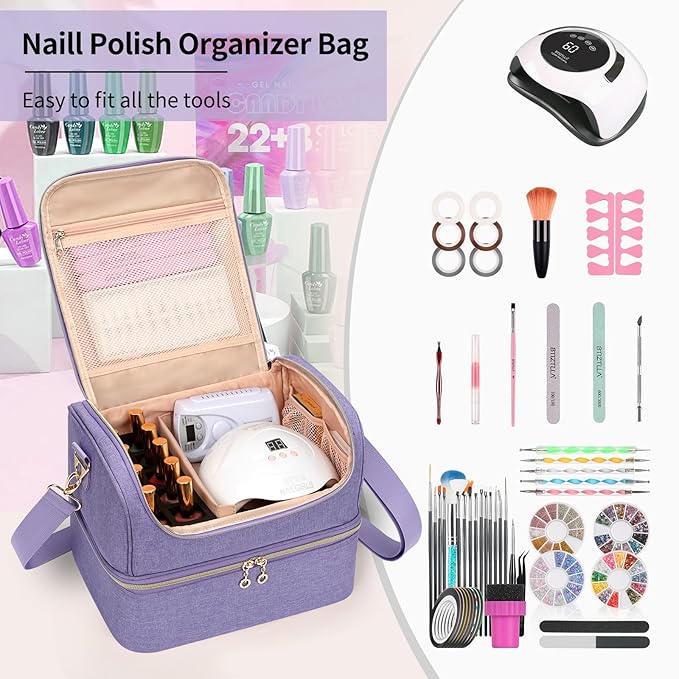 CUBETASTIC Nail Polish Organizer Case, Nail Supplies Storage Box Holds 45 Bottles Nail Polish & Nail Lamp, Travel Nail Tech Carrying Case, Nail Kit Bag For Nail Stuff & Manicure Tools