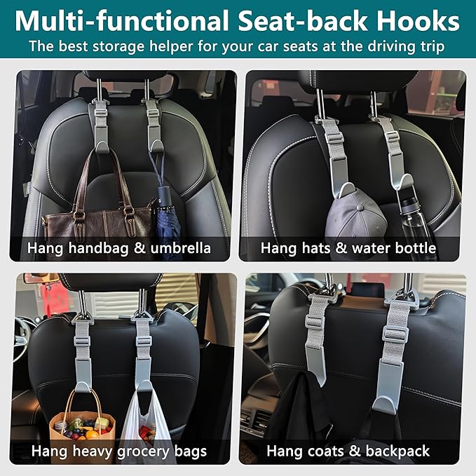 Amooca Headrest Hooks for Car Adjustable 4 Pack Vehicle Seat Back Organizer Storage Hanger Holder for Purse Bags Universal Fit with Clip Gray
