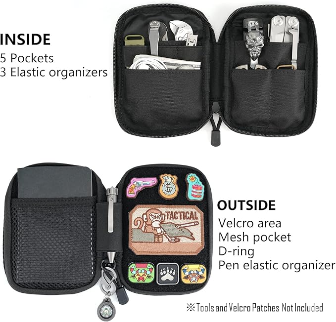Sayram EDC Pouch Organizer Small Utility Pouch for Multitool, Nylon Tactical Gear Bag with DIY Patch Panel D-Ring, Compact Everyday Carry Pouch for Keys Flashlight Knife