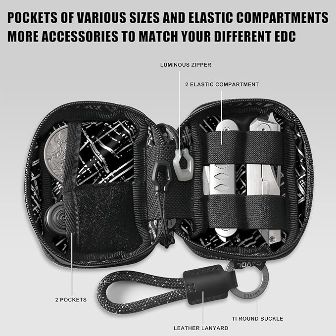 EDC Pouch,Nylon Pocket Organizer for 4.21" Folding Knife Sheath,Small Organizer Pouch Multitool Bags,GITD Drawstring and Titanium Keychain Accessories (patch not included)(Grey)