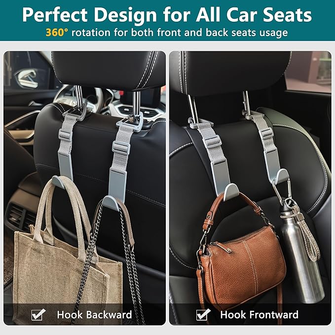 Amooca Headrest Hooks for Car Adjustable 4 Pack Vehicle Seat Back Organizer Storage Hanger Holder for Purse Bags Universal Fit with Clip Gray