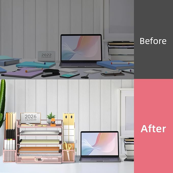 SUPEASY Mesh Desk Organizer with File Holder, 5-Tier Paper Letter Tray Organizer with Magazine Holder, Desktop Organizer and Storage with Drawer for Office Supplies Home or School (Pink)