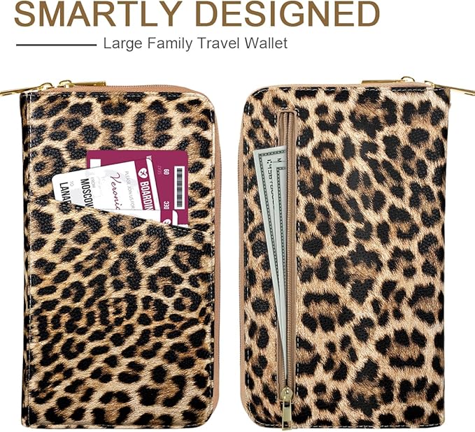 Family Passport Holder Wallet RFID Blocking Document Organizer PU Leather Mulit-purpose Travel Wallets Credit Cards Holder for Women Men, Light Leopard