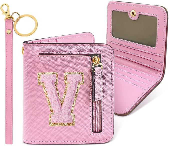 COSHAYSOO Preppy Wallet Gifts for Teen Girls Women Small Wallet RFID Bifold PU Leather Christmas Valentines Easter Mothers Fathers Day Nurse Appreciation Graduation Gifts Chenille Letter V Pink