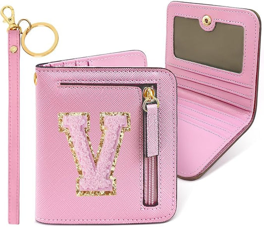 COSHAYSOO Preppy Wallet Gifts for Teen Girls Women Small Wallet RFID Bifold PU Leather Christmas Valentines Easter Mothers Fathers Day Nurse Appreciation Graduation Gifts Chenille Letter V Pink