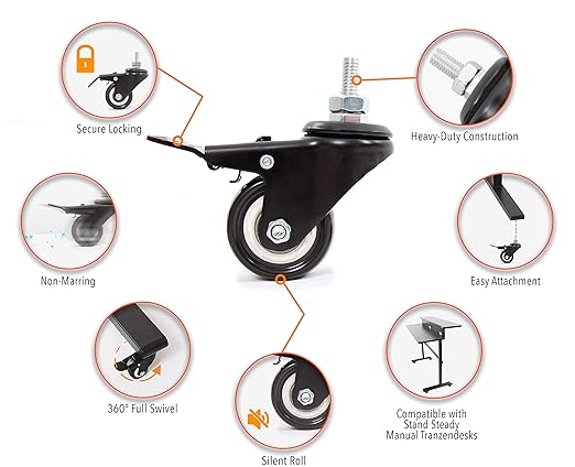 Stand Steady Attachable Desk Wheels | Set of 4 Locking Casters | Easy-Roll and Non-Marring | Full Swivel Wheels Compatible with Tranzendesk Standing Desks (2 Inch/Black)