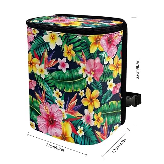 Biyejit Tropical Hibiscus Car Garbage Can Leak-Proof Car Trash Can with Lid and Storage Pockets, Automotive Trash Bin for Men and Women, Cars Interior Accessories