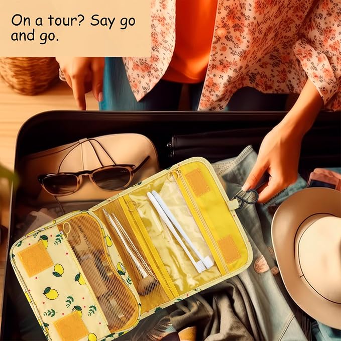 Foldable Hanging Travel Toiletry Bag,Waterproof Portable Travel Bags, Multifunction Travel Makeup Cosmetic Bag Organizer with Hanging Hook (Yellow Lemon)