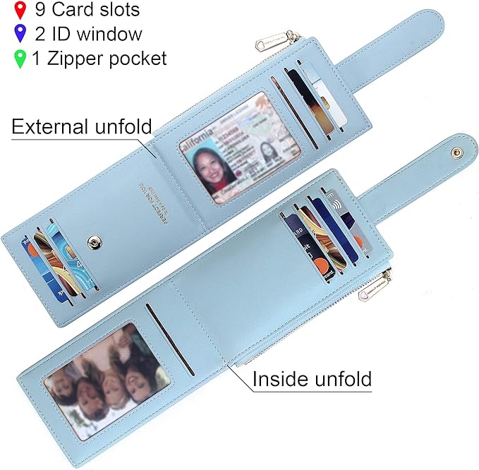 Badiya Slim Women Wallet RFID Blocking Bifold Compact 9 Card Slots Holder Wallets Soft Leather with Zipper Coin Pocket 2 ID Window