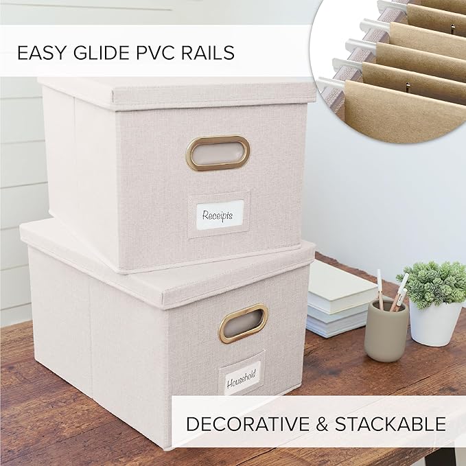 Decorative File Organizer Box Set of 2 - Collapsible Linen Filing Cabinets with Handles Are Perfect to Store All Your Documents & Hanging File Folders - Portable Easy Slide Office Crates with Lid