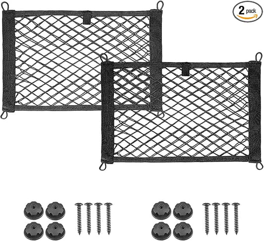 2 PCS Small Cargo Nets, 18"×10" Double Layer Car Organizer Net with Mounting Screws & Hooks, Stretchable Cargo Netting Storage Pouch for Car Truck SUV RV Boat Trunk