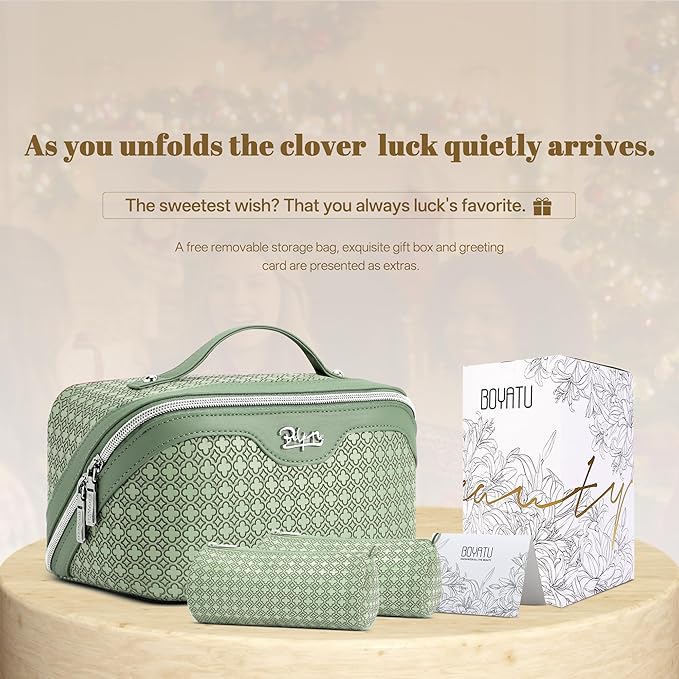 BOYATU Travel Makeup Bag for Women: Four Leaf Clover Large Capacity 3 Pcs Set Cosmetic Bags - Waterproof 50% Extra Space for Toiletry Organizer - Travel Essentials for Fortunate (01 Light Green)