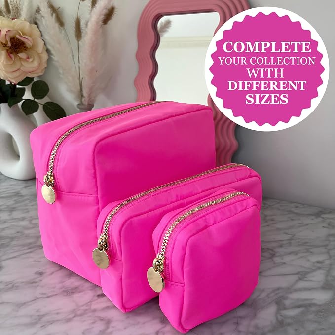 DANCOUR 3-Piece Hot Pink Makeup Bag Set – Mini, Small & Large Cosmetic Bags for Women & Girls, Cute Travel Toiletry Bag Set, Makeup Organizer Pouches for Purse or Travel
