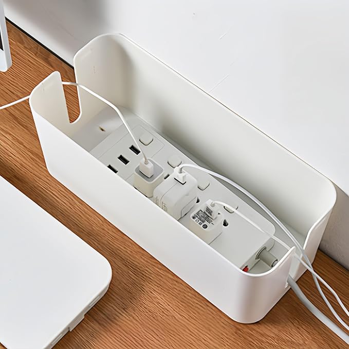 1 Large + 1 Small Cable Management Box Set – 2-Piece Cord Organizer Box, Home Office Desk Wire Storage & Cable Management Solution (Bamboo Lid/White)