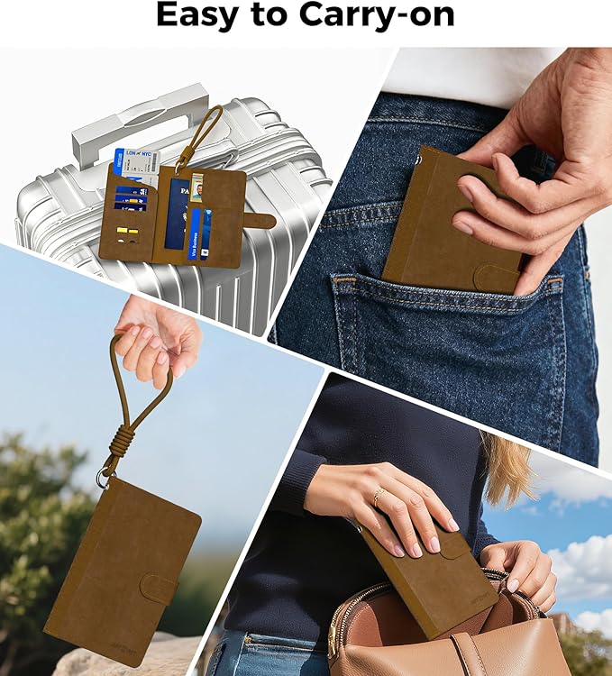 Smart Passport Holder Works with Apple Find My, Leather Travel Wallet with Wrist Strap & 2 SIM Card Slots, RFID Blocking Organizer for Passport/Cards/Tickets, Wireless Charging, Brown