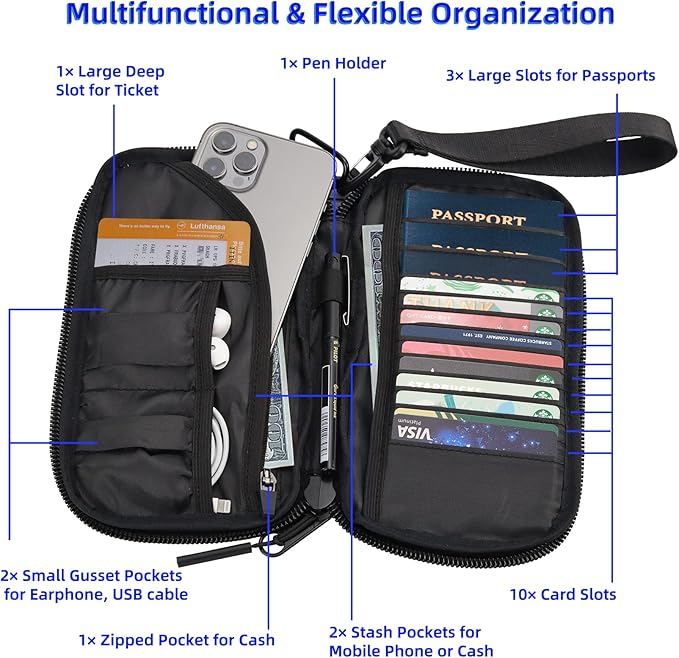 Travel Wallet Lightweight Zipped Document Organizer Bag Family Passport Holder with Detachable Wrist Strap for Women and Men