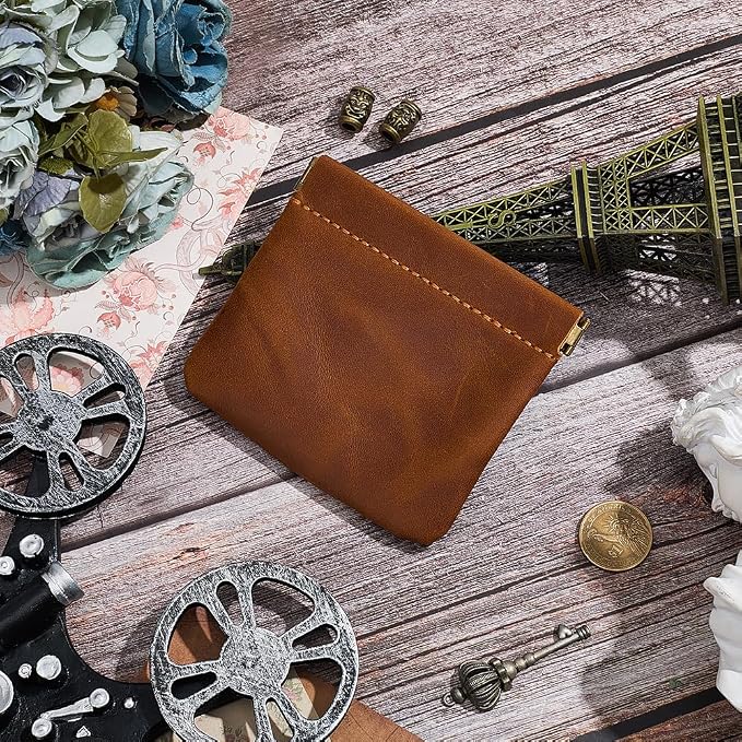 4.72 x 4.02 Inch Genuine Leather Small Makeup Cosmetic Bag for Purse Squeeze Coin Purse Pouch Crazy Horse Leather Self-Closing Pouchic Mini Snap Closure Organizer Pouch for Women Men(Brown)