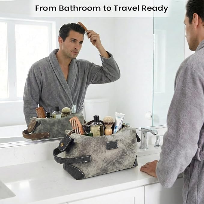 LEATHER VILLAGE Genuine Leather Dopp Kit for Men & Women – Travel Vintage Toiletry Bag with Waterproof Lining, Shaving & Bathroom Essentials Organizer - Distressed Grey