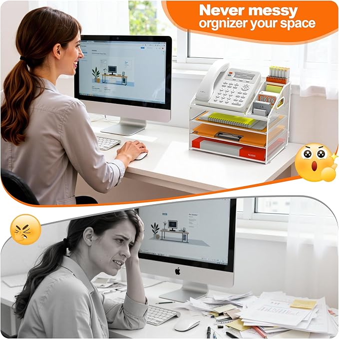 DocNest 4 Tier Metal Mesh Letter Tray - Space Saving Desk File Organizer with Handle, Pen Holder & Folder Holder - Desktop Document Sorter for Office, Home, School, Classroom - White