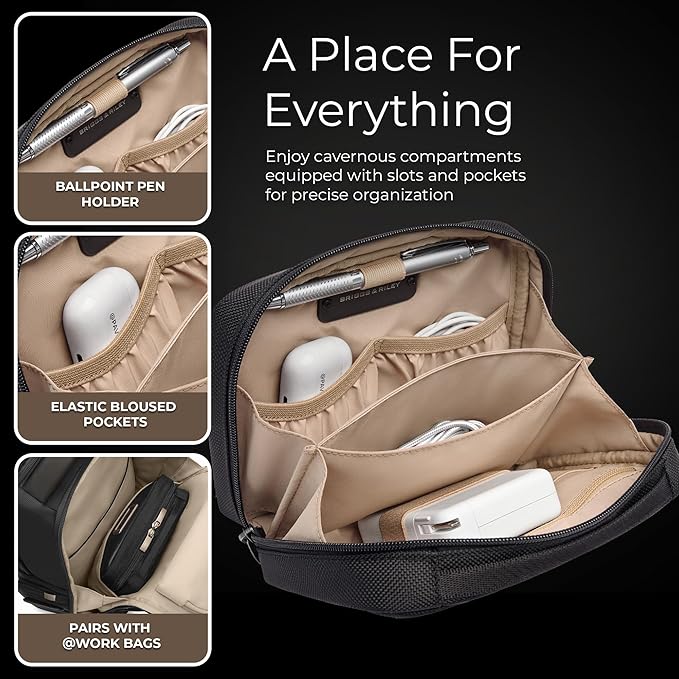 Briggs & Riley Tech Pouch Kit - Electronics Organizer Travel Case, Cable Storage Bag For Cords, Hard Drives, & Tech Accessories, Leather Touchpoints, Durable Fabric - @Work Collection, Black